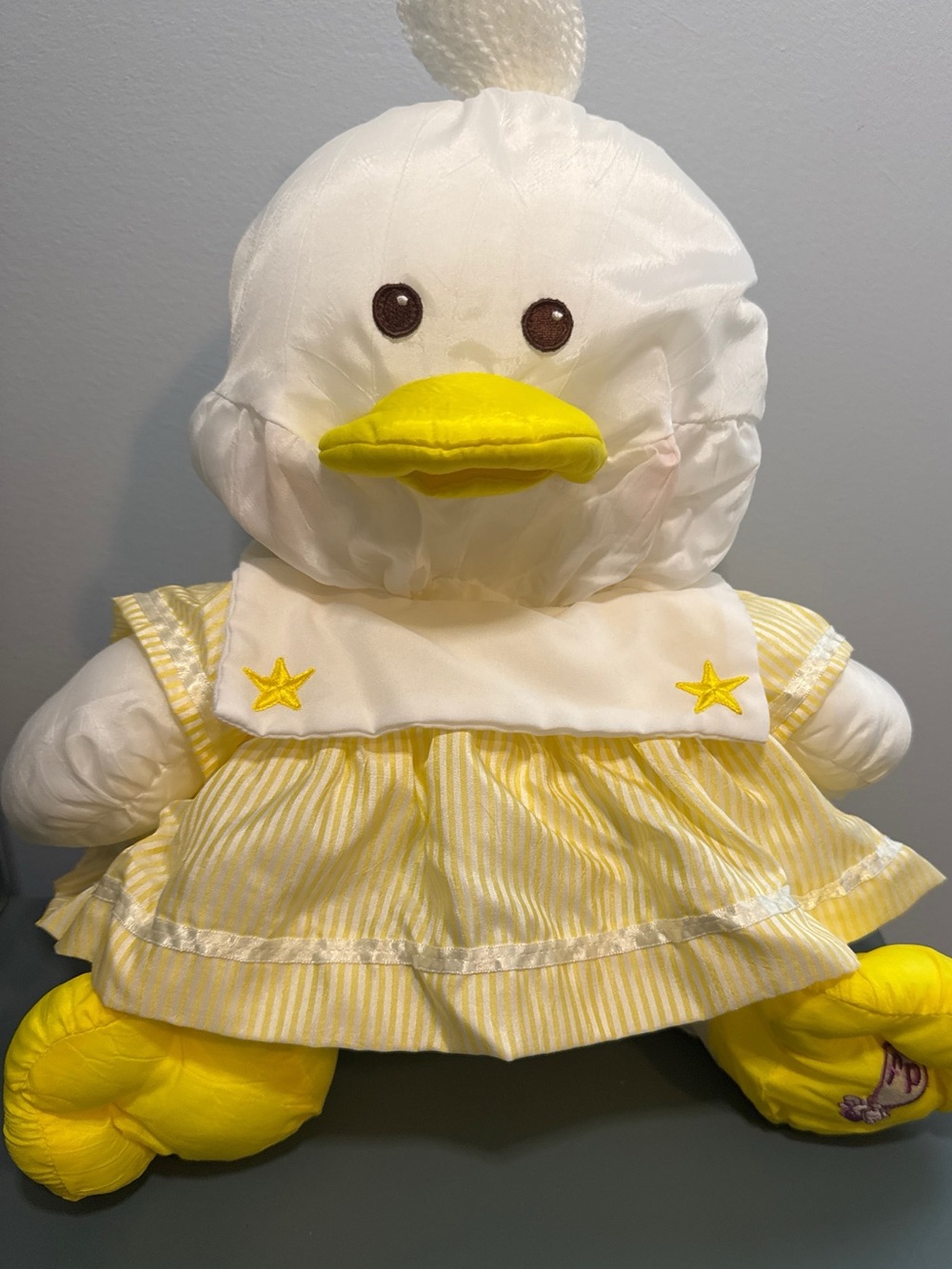 Vintage 1987 Fisher-Price Puffalumps Duck Plush #8014 White & Yellow Dress Toy